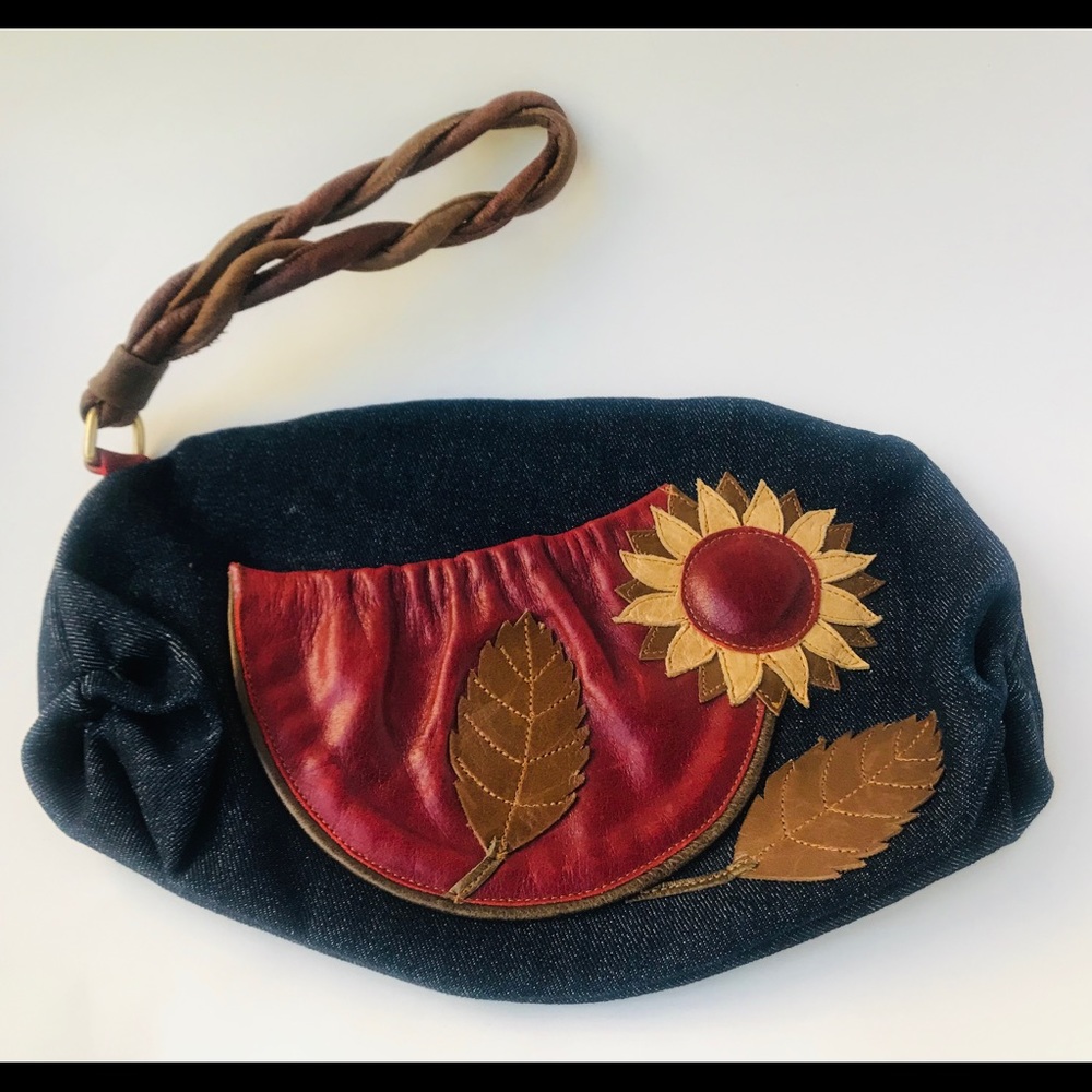 Denim Leather and Suede handbag clutch snap close